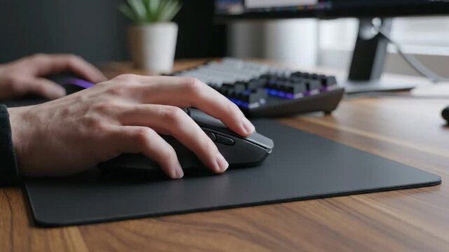 Close up of a person s hand using a computer mouse on a desk with a keyboard and monitor