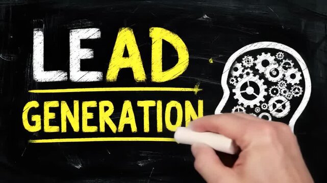 Lead generation concept on black chalkboard with gears illustration. Hand drawing a business strategy in yellow chalk for creative business mind.