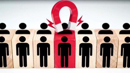 A magnet attracts a red candidate figure, symbolizing talent acquisition and recruitment among black silhouette figures on wooden blocks against a white background.
