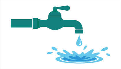 Teal water faucet dripping blue water creating splashes on white background vector