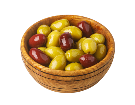 Green and red olives in wooden bowl on transparent background