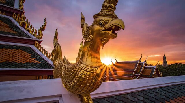 Golden Kinnaree Statue on Temple Roof at Sunset in Bangkok, Thailand.
