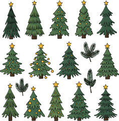 Fototapeta premium Create a Christmas Tree drawing clipart set. Christmas tree flat icon hand drawn and doodle design clip art collection with green and yellow star decoration elements for December celebration vector