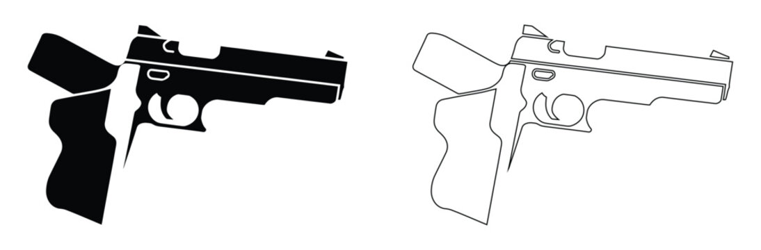 Handgun silhouettes in black and line art,Black pistol silhouette icon vector illustration isolated,Handgun beretta silhouette vector on white background