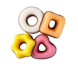 Colorful sweet glazed donuts in various shapes