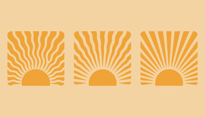 Three stylized sunbursts in orange and beige flat graphic design sunrise sunset