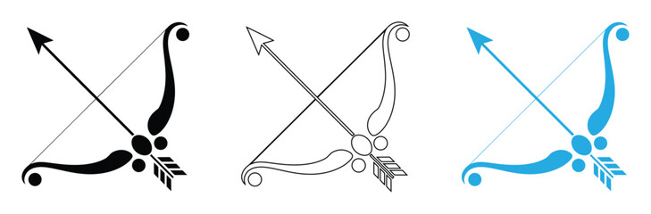 Archer Bow Icon for Sports and Archery Designs,Archery bow with arrow icon set in black, white, and blue,Bow arrow icon Graphic vector set for ui design