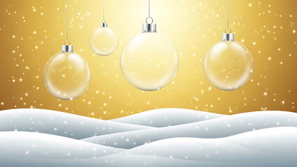 Sparkling christmas ornaments hanging above snowy landscape on golden background