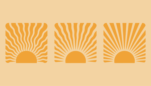 Three stylized sunbursts in orange and beige flat graphic design sunrise sunset