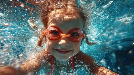 A joyful child swims underwater smiling while wearing colorful goggles. The clear blue water creates beautiful bubbles showcasing a fun summer activity in the pool.