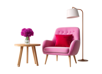 Cozy Pink Armchair and Mid-Century Furniture Set on a transparent background