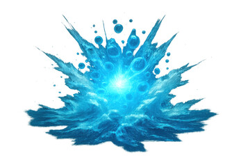 Blue water splash exploding with energy and bubbles, radiating light effect, isolated on transparent background