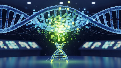 A digital dna strand with glowing cubes and blue helix structure on a reflective surface in a lab setting