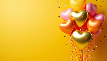 Heart-shaped balloons in gold, pink, and orange against a bright yellow background