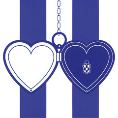 Heart shaped locket with chain, featuring blank side and decorative emblem on other side, set against transparent background