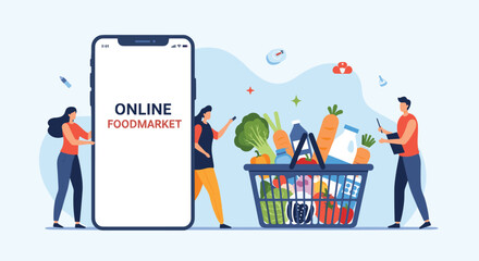 Concept of an online food market and grocery delivery service with people shopping using a giant smartphone application.