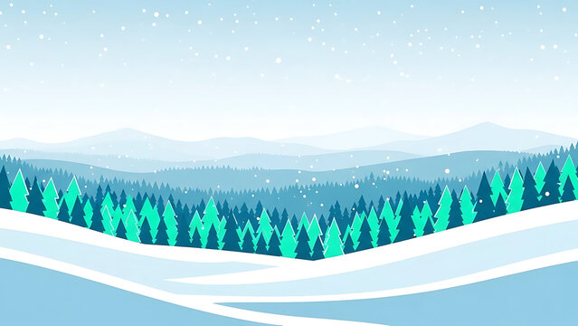 Serene winter landscape with snow covered trees and mountains