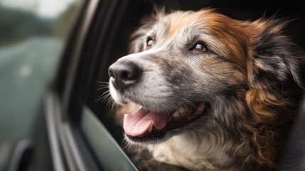 A cheerful dog looks out of a car window its ears flapping in the wind. The sun shines brightly as the vehicle moves along a scenic country road full of greenery and open space.