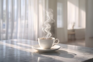 Steaming coffee on marble counter in bright modern interior