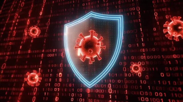 Digital Security Shield Protecting Against Viral Threats and Malware in a Binary Code Virus code and software hack concept. Cyber security