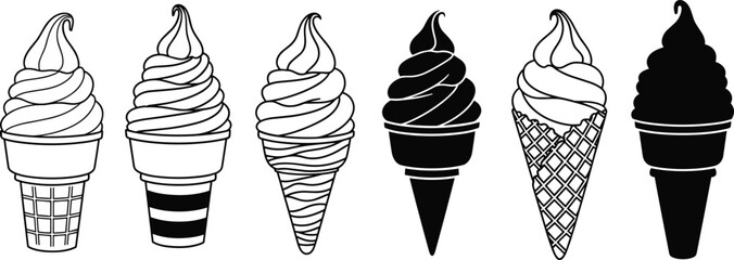 Black and White Soft Serve Ice Cream Cone Vector Graphics Set, Featuring Different Waffle and Sugar Cone Textures and Styles for Dessert Menus, cad drawing flat vector illustration