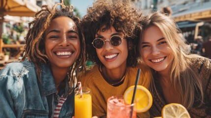 Three smiling friends sit together at a cafe enjoying vibrant drinks on a sunny day. The cheerful atmosphere and their laughter create a joyful moment of friendship.