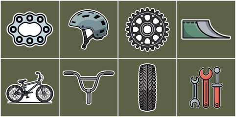Fototapeta premium Extreme BMX Freestyle Riding Icon Pack with Bicycle Parts, Safety Gear, Stunt Ramp and Repair Tools Designed for Urban Street Cycling Culture and Action Sports Media