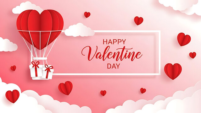 Romantic valentine s day hot air balloon made of red hearts floating among clouds