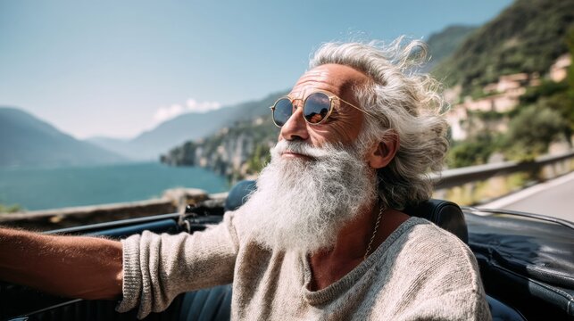 A smiling elderly man with long gray hair and sunglasses drives a classic convertible car on a scenic coastal road. The bright sun and beautiful water enhance the moment of relaxation and joy. - Powered by Adobe