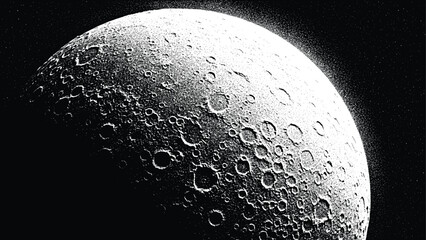 Detailed close up view of the moon surface with craters and texture black and white stipple dot vector illustration drawing space astronomy science galaxy © Mahedi