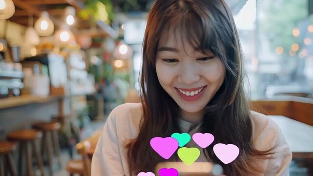 Social Media Engagement with Heart Reactions | Joyful Woman Receiving Online Love and Likes | Digital Affection and Positive Feedback on Mobile
