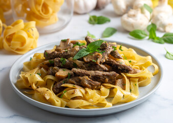 Fettuccine pasta with creamy mushroom sauce and stroganoff