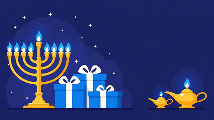 Golden menorah with blue gifts and oil lamps on dark blue background