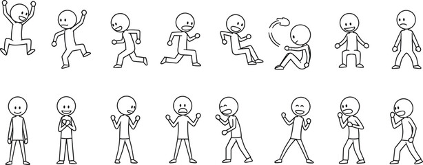 Cartoon stick figures, expressive poses, emotional gestures, action movements, character reactions, simple drawing, animation reference, flat vector illustration