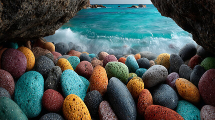A view of colorful stones on a beach with ocean waves through a cave opening on a bright sunny day