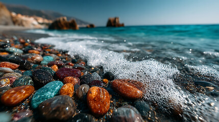 Close up shot of colorful pebbles on a beach with waves and rocks in the background on a sunny day