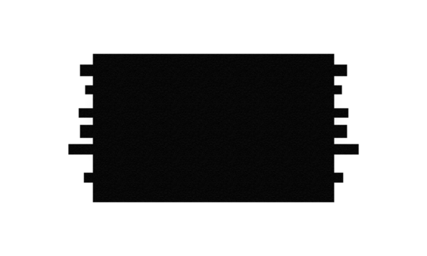 Electronic component silhouette, a black rectangle with pins on the sides, representing a surface-mount integrated circuit or chip for technology design