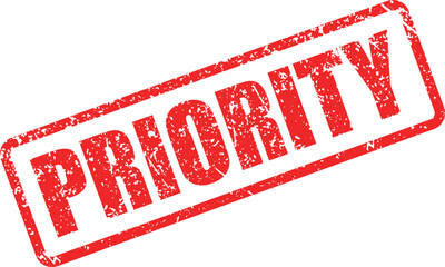 Distressed red rubber stamp reveals the word priority on a white transparent background