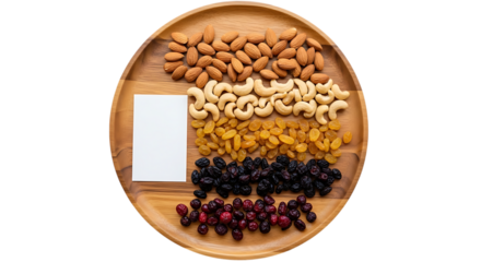 Assorted nuts and dried fruits on a wooden plate almonds cashews raisins cranberries and a blank card healthy snack concept transparent back