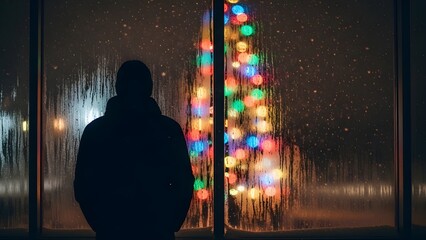 Lonely Silhouette Looking at Christmas Tree Through Wet Window