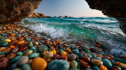 A wave crashes on a colorful pebble beach framed by rocky cliffs on a sunny day at the coast line