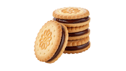 Stack of Round Chocolate Cream Sandwich Cookies Isolated on Transparent Background