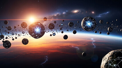 A cosmic landscape with glowing orbs floating above a horizon with lightning and a bright sun