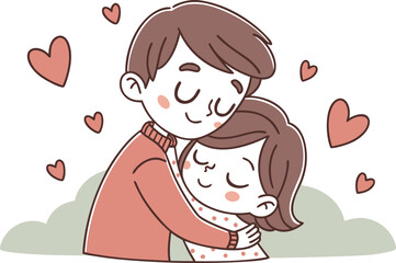 Cute cartoon illustration of a loving couple embracing with hearts