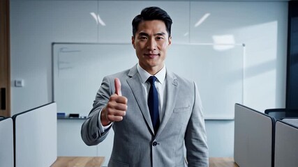 Confident Asian businessman giving thumbs up in modern office with bright natural light and professional atmosphere - Powered by Adobe