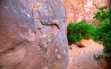 Obraz premium Red rock canyon walls creating dramatic landscapes inside Arches National Park desert