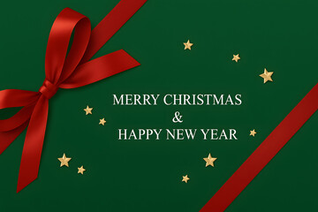 緑の背景と赤いリボンのクリスマスカード メッセージ入り装飾デザイン