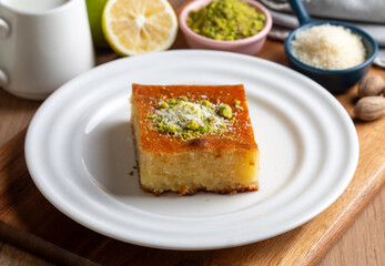 Revani - sweet semolina cake with pistachio, traditional turkish dessert