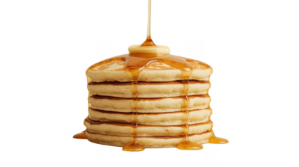 Stack of pancakes with butter and syrup being poured on top against a black background