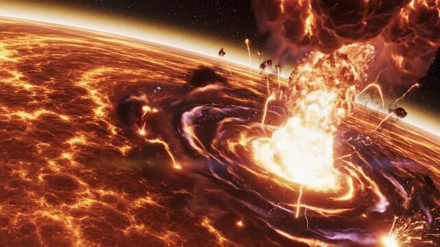 A dramatic science fiction digital design illustrating a planet's cataclysmic destruction from a powerful cosmic explosion